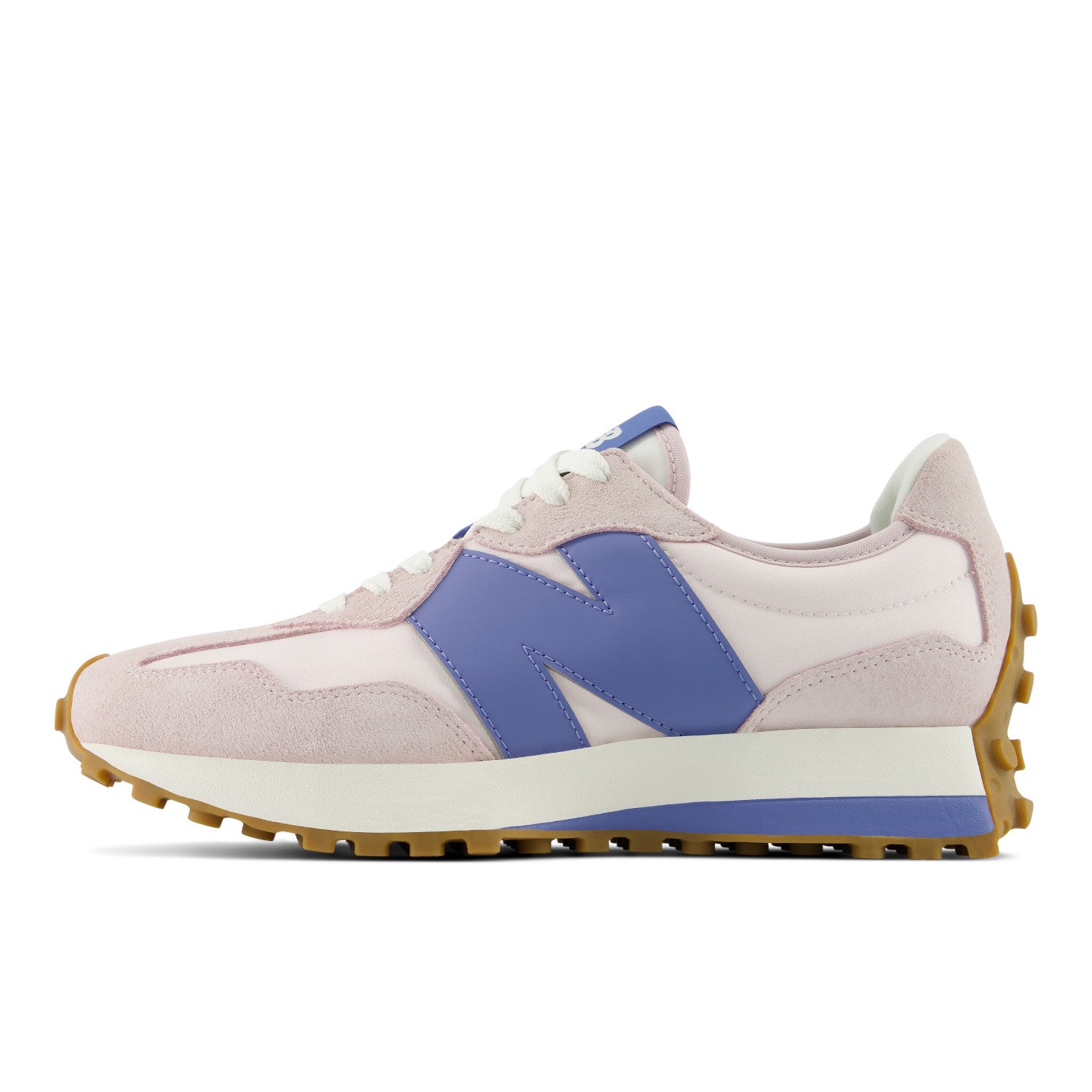 Pink and blue sneaker with New Balance logo on a white background