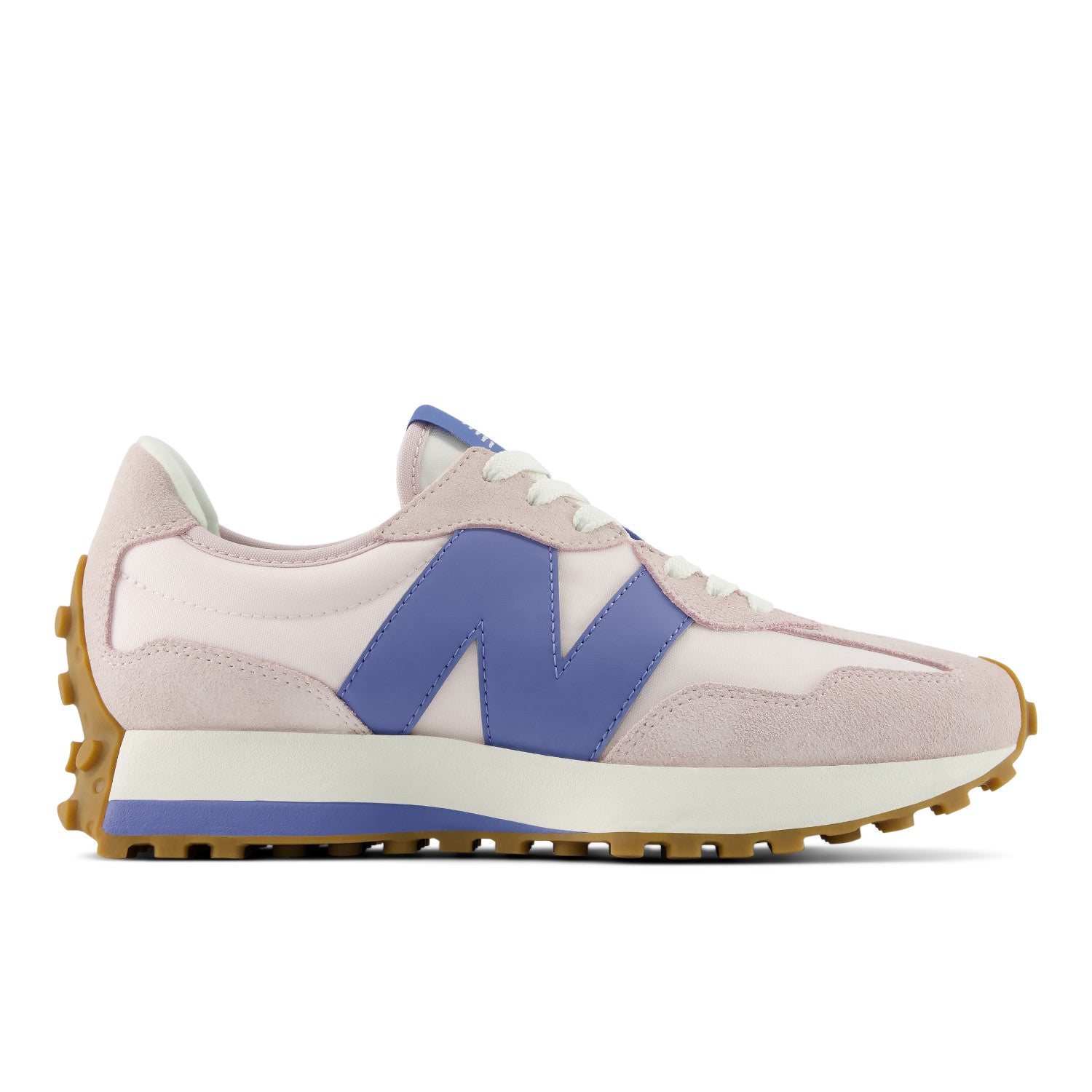 Pink and blue sneaker with New Balance logo on a white background