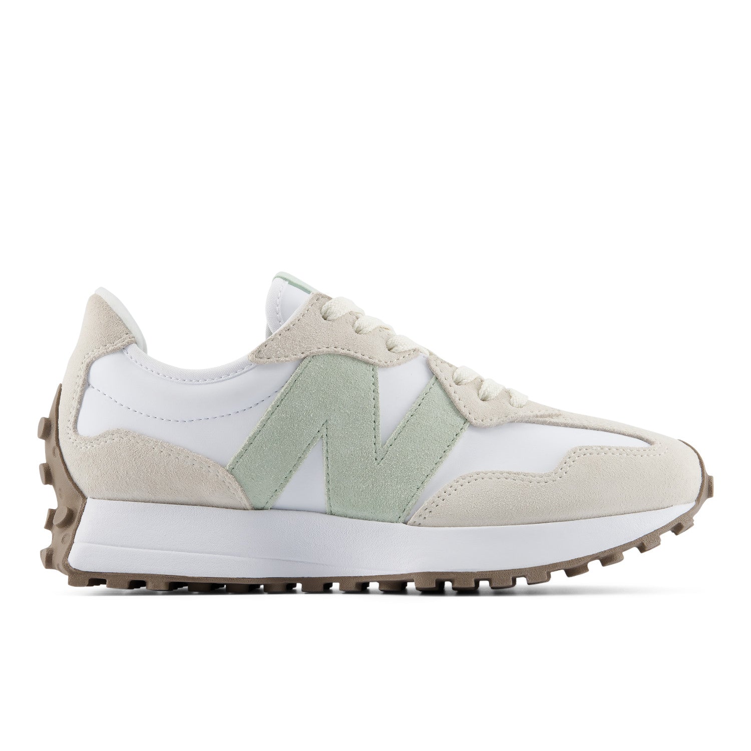 White and beige sneaker with green accents on a white background