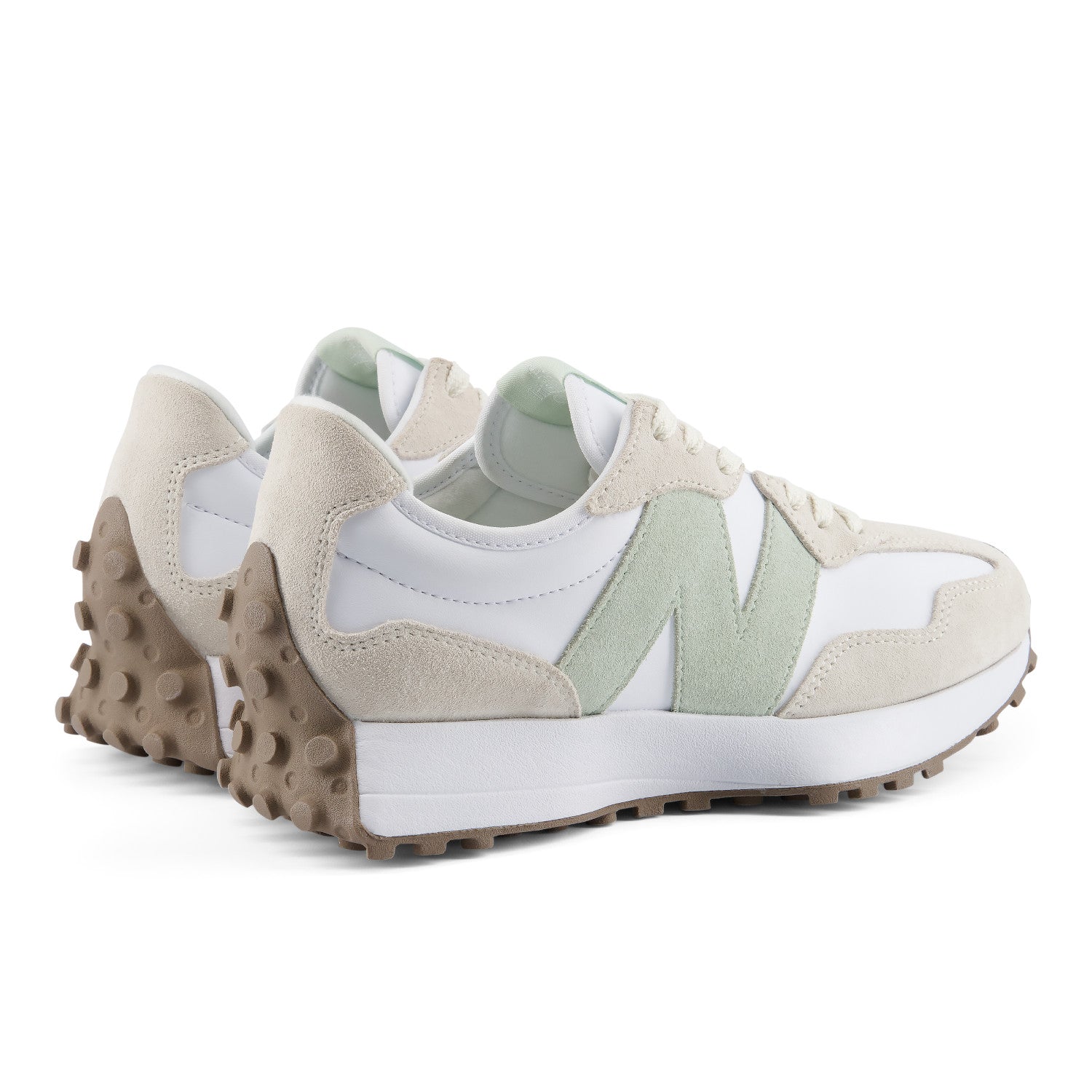Pair of sneakers with a beige, white, and green color scheme on a white background