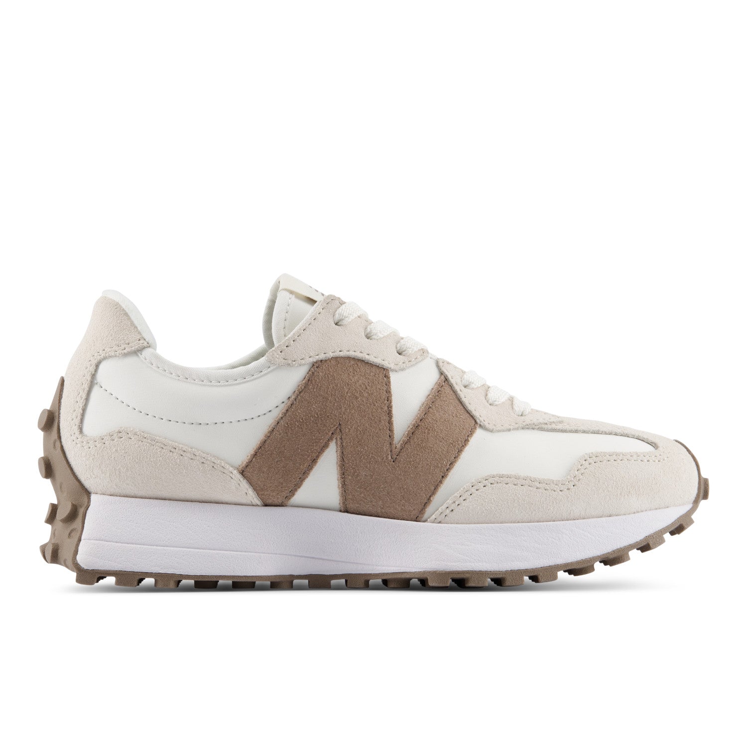 White and brown sneaker with New Balance logo on a white background