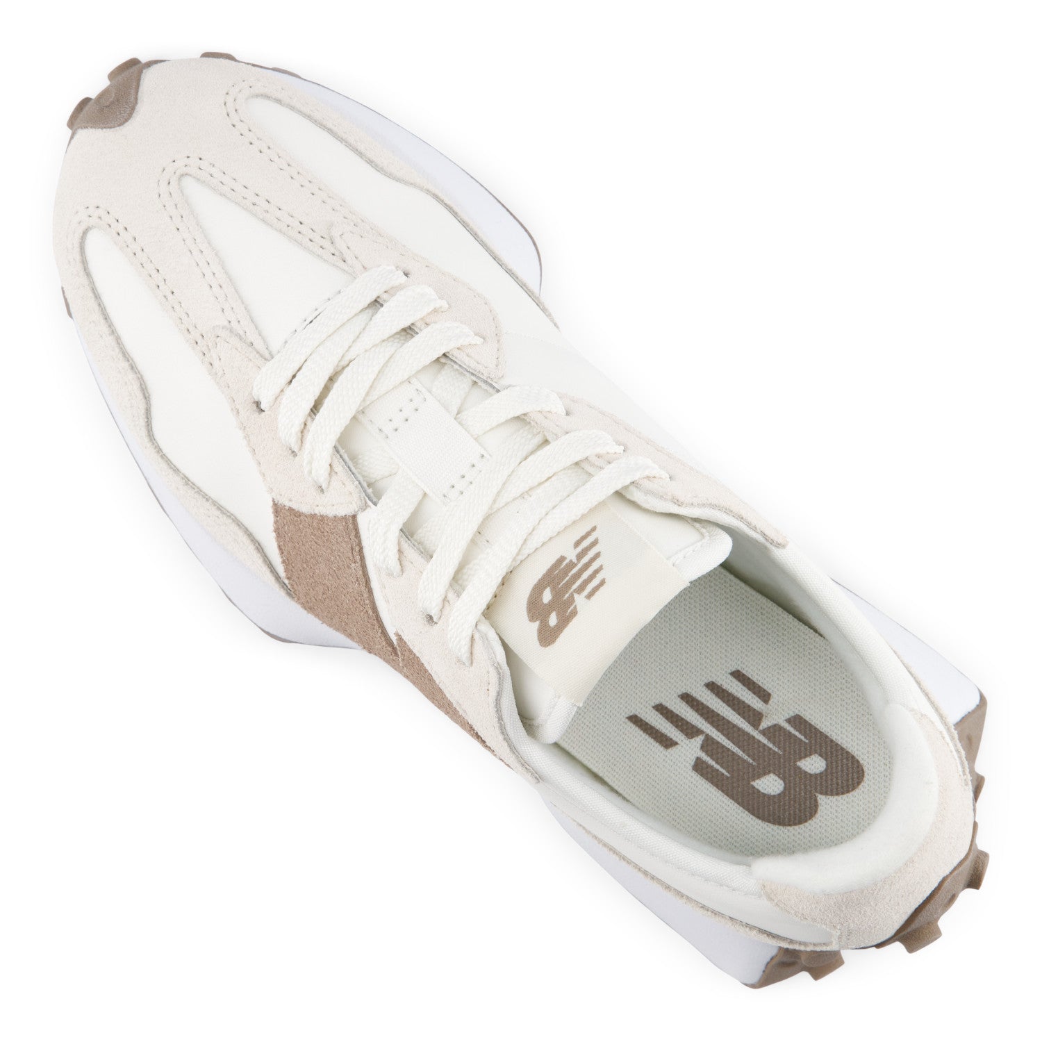 White sneaker with brown accents on a white background