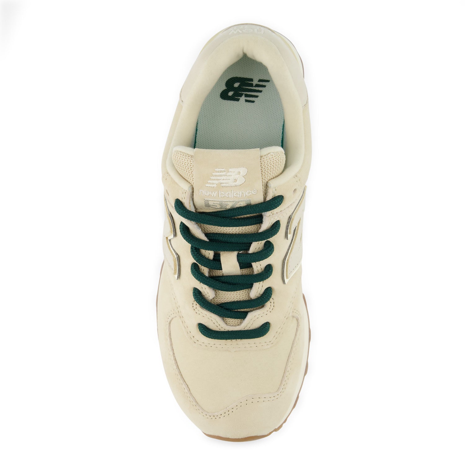 Beige sneaker with green laces on a white background