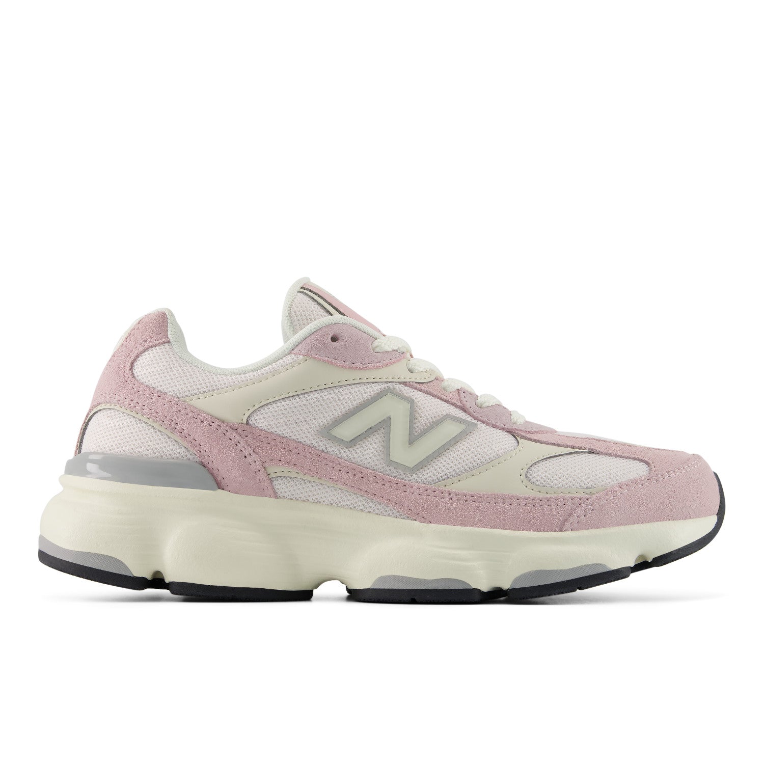 Pink and beige sneaker with New Balance logo on a white background