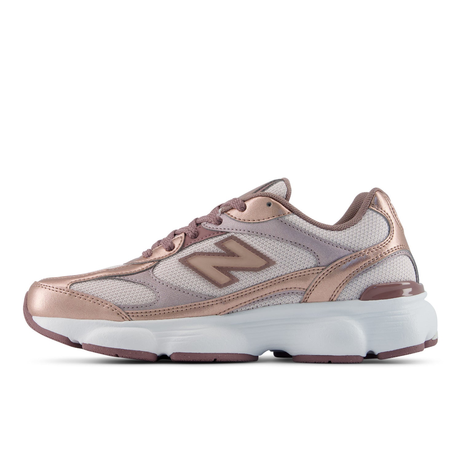 A New Balance sneaker in metallic rose gold and white, shown from the side against a plain white background.
