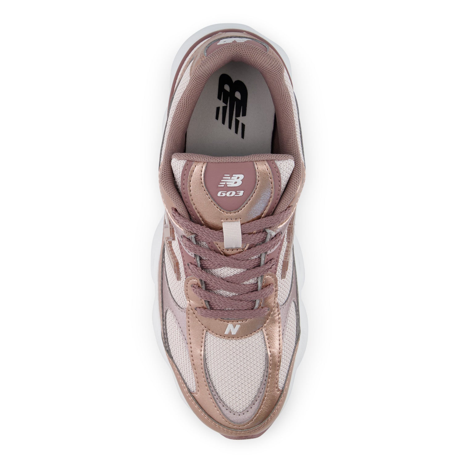 A single New Balance 603 sneaker shown from a top-down view, featuring a metallic rose gold and white colorway with mesh panels and a white midsole.