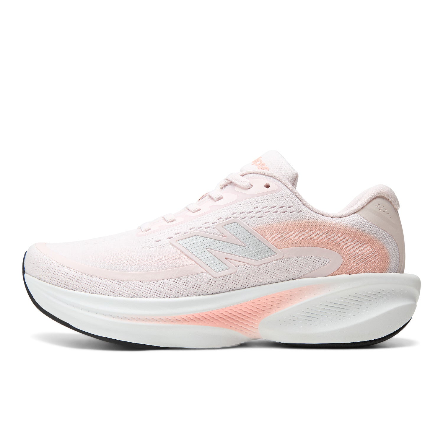 A New Balance running shoe in light pink and white with a peach-pink accent stripe and a thick white cushioned sole, shown from the side on a white background.