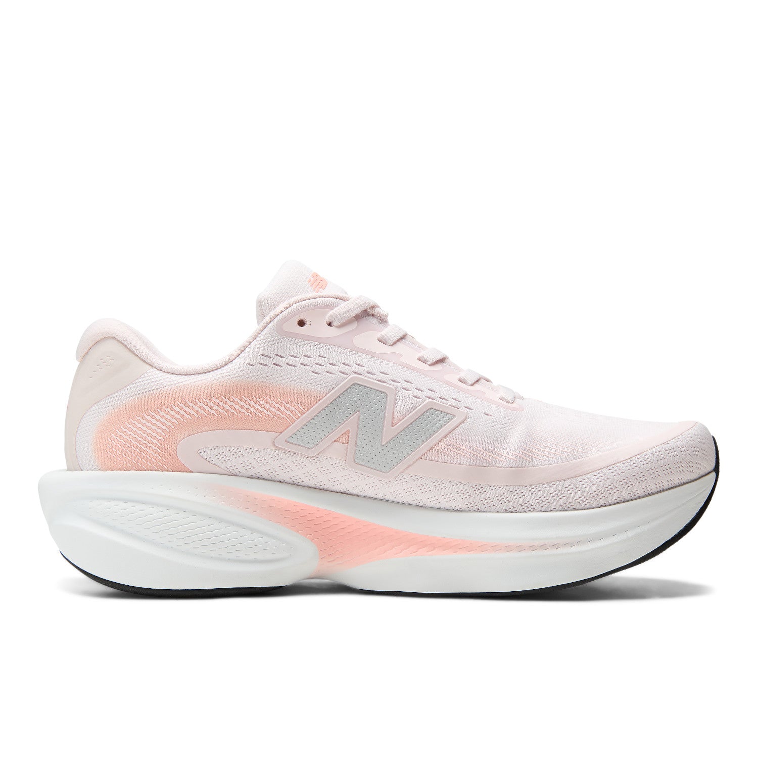 A New Balance running shoe in pale pink and white with a light gray 'N' logo, shown from the side on a white background.