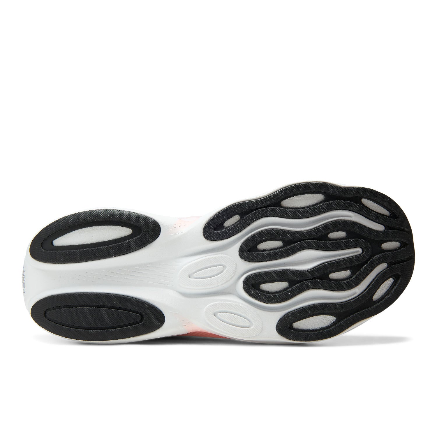 The outsole of a sneaker shown from a side profile view, featuring a white midsole with black flame-like tread patterns and black rubber bumpers on a white background.