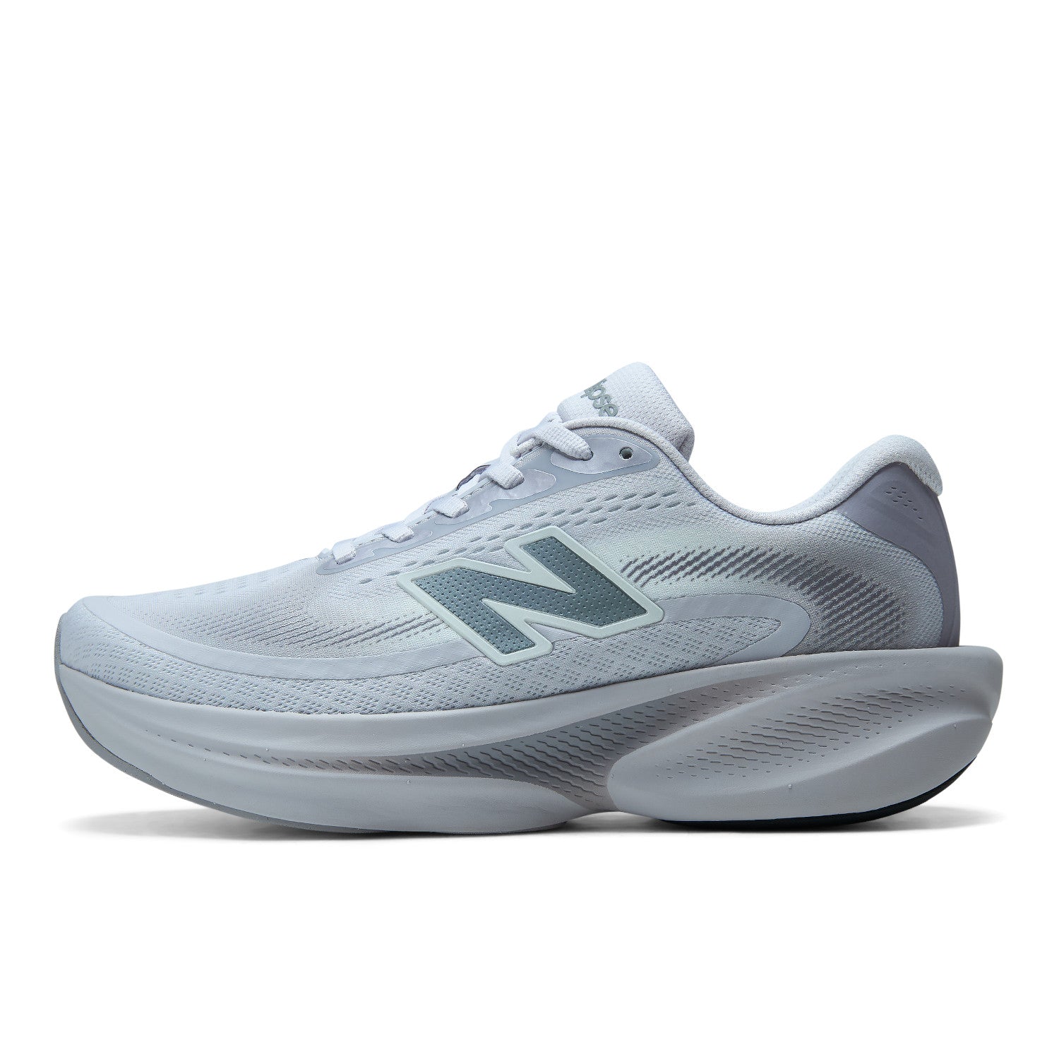 A New Balance running shoe in light gray and white, shown from the side against a plain white background.