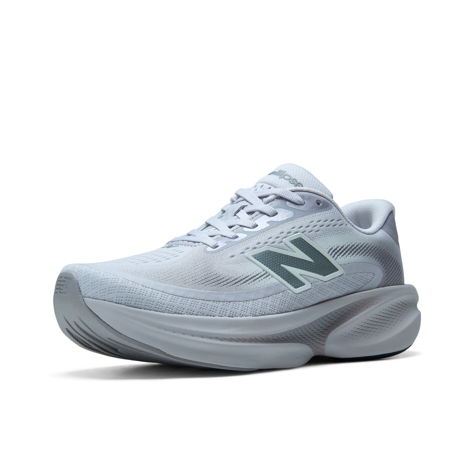 A light gray New Balance running shoe with a white mesh upper, white laces, and a gray 'N' logo on the side, shown against a plain white background.