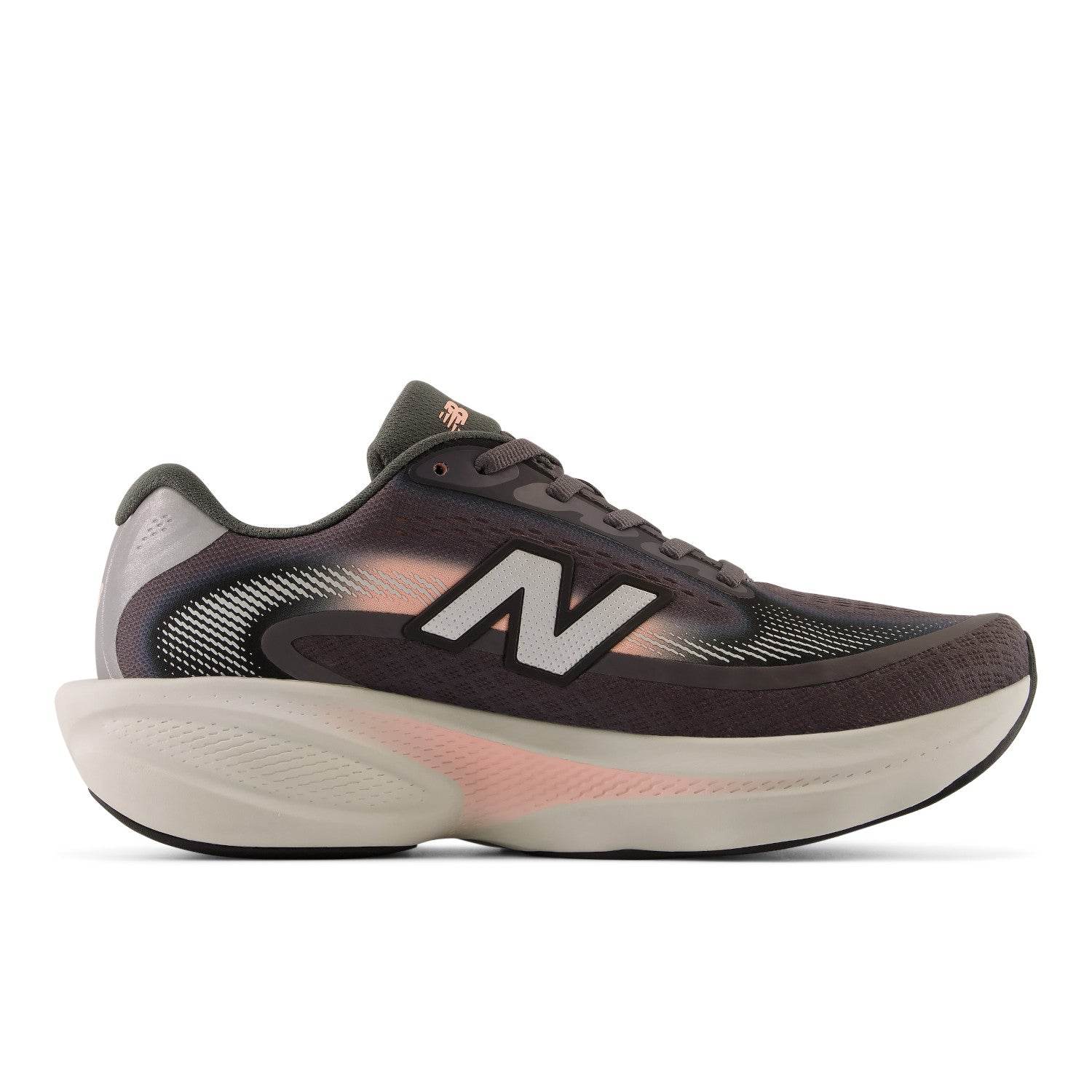 Black running shoe with New Balance logo on a white background