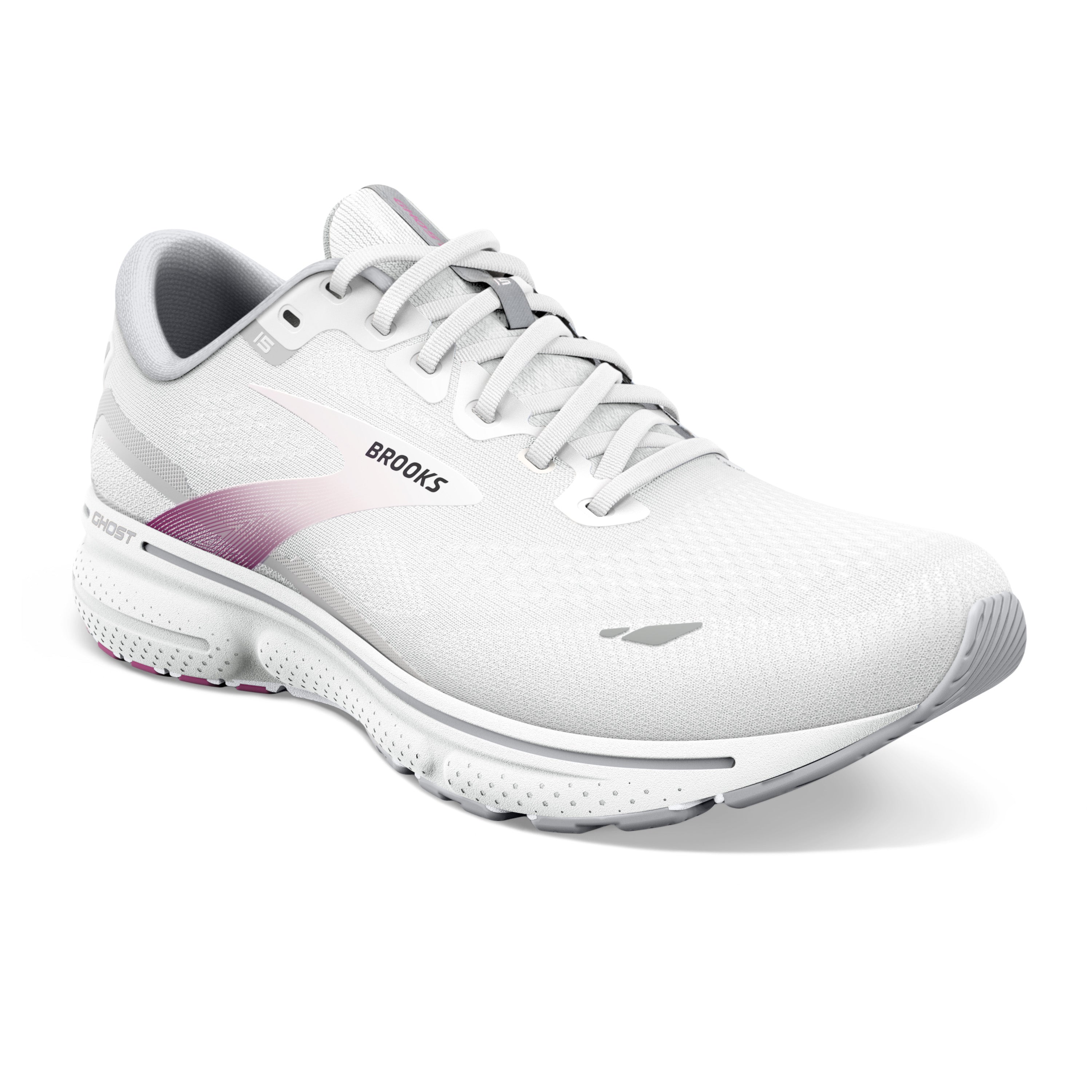 Women's Brooks Ghost 15 Color: White /Oyster/ Viola