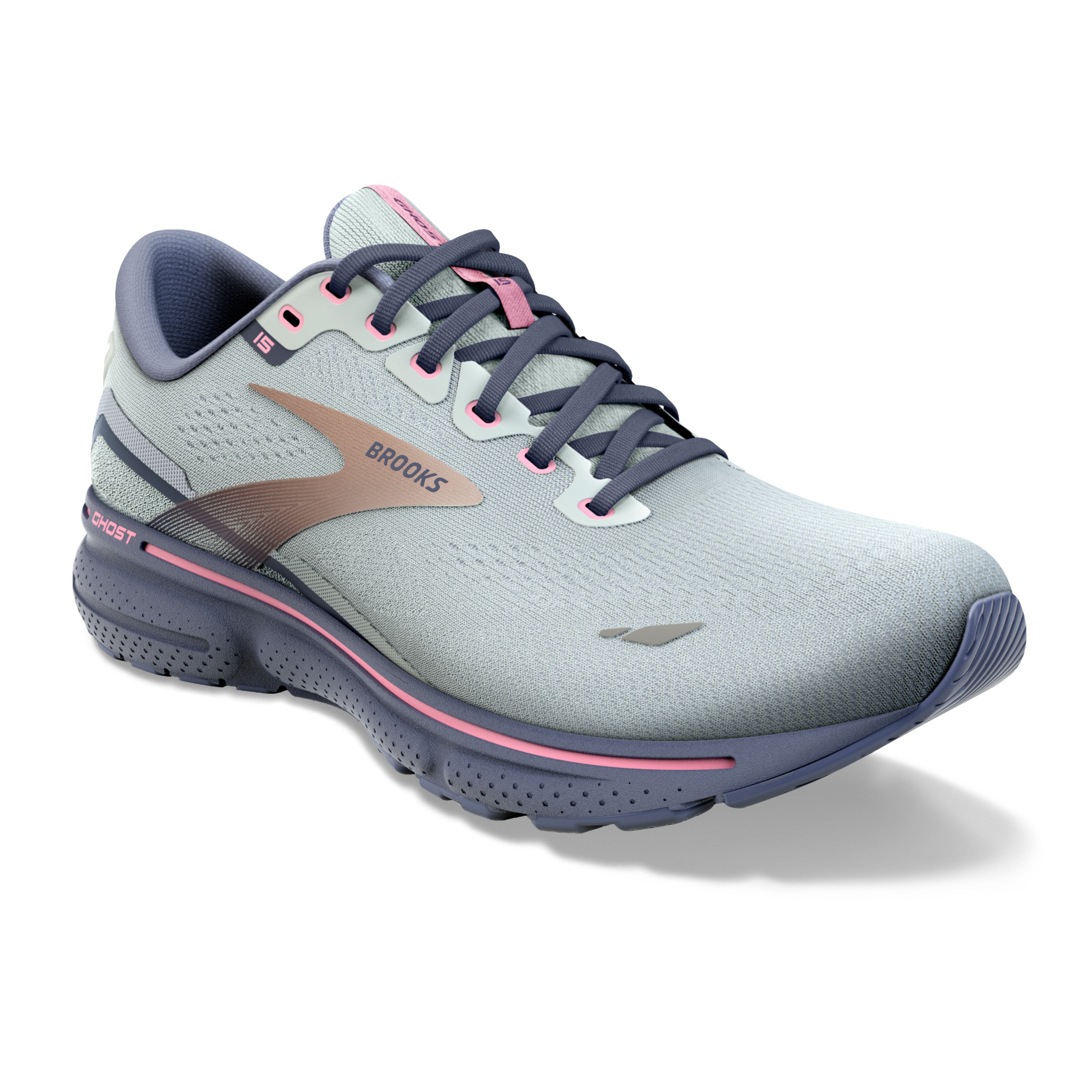 Women's Brooks Ghost 15 Color: Spa Blue/Neo Pink/ Copper