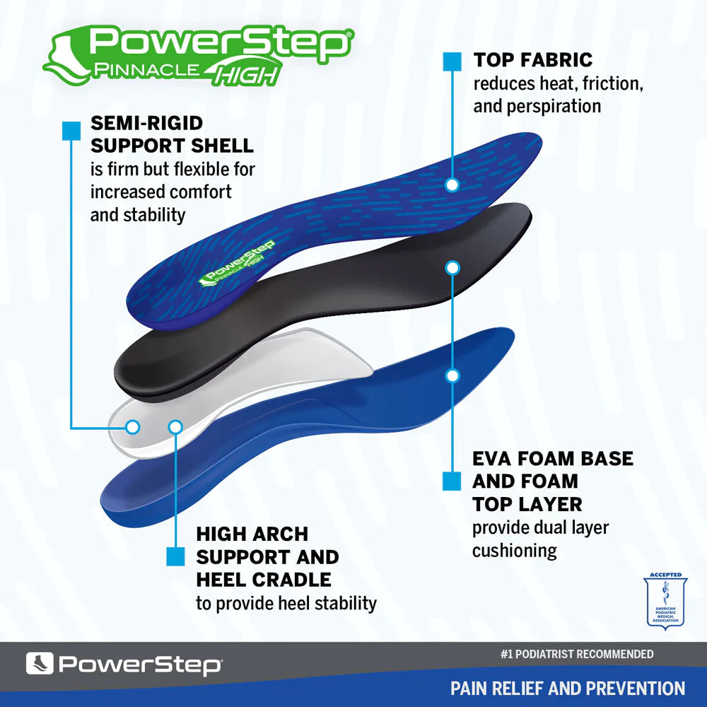 PowerStep Pinnacle High Insoles High Arch Pain Relief Orthotic, Supination Inserts
