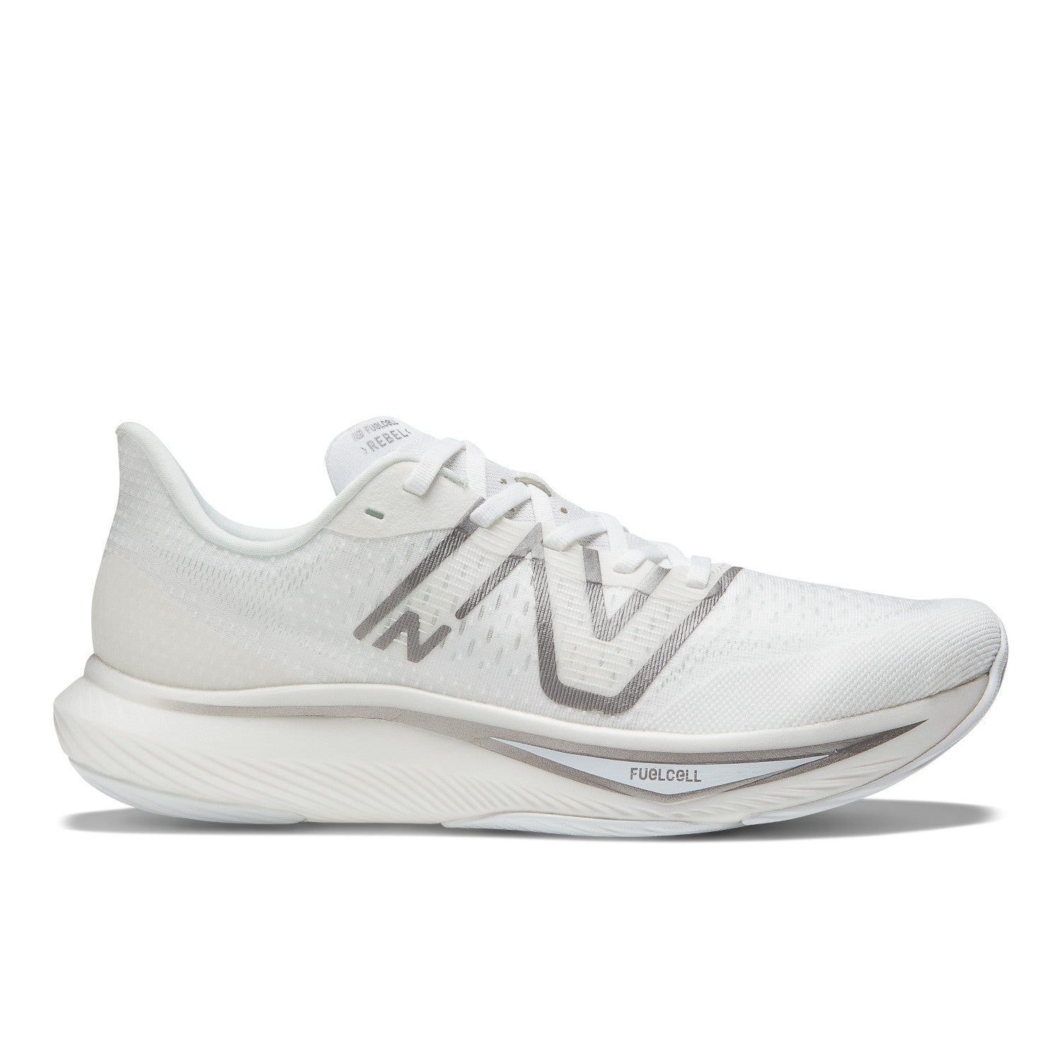 Men's New Balance FuelCell Rebel v3 Color: White with Dark Silver Metallic and Light Silver Metallic