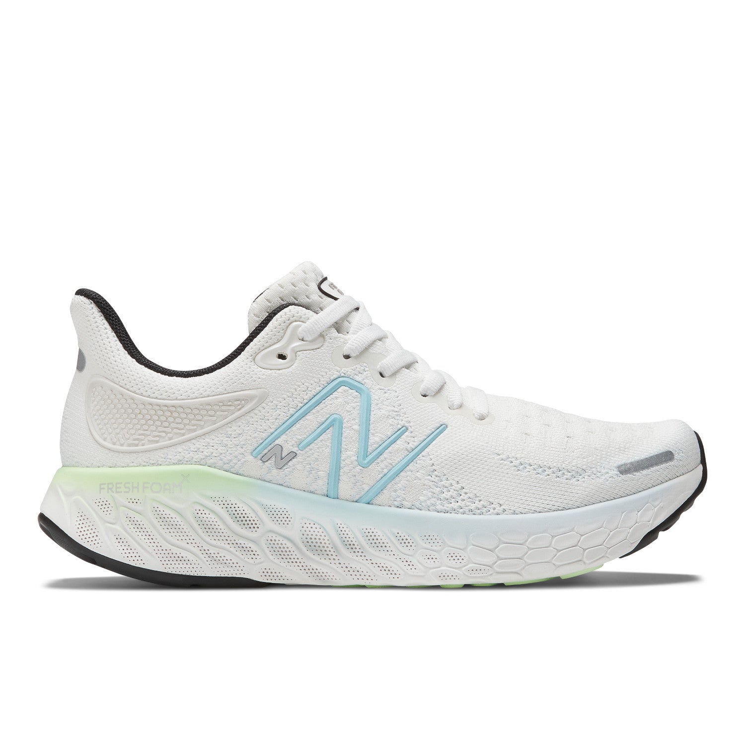 Women's New Balance Fresh Foam X 1080v12 Color: White with Bleach Blue and Green Aura