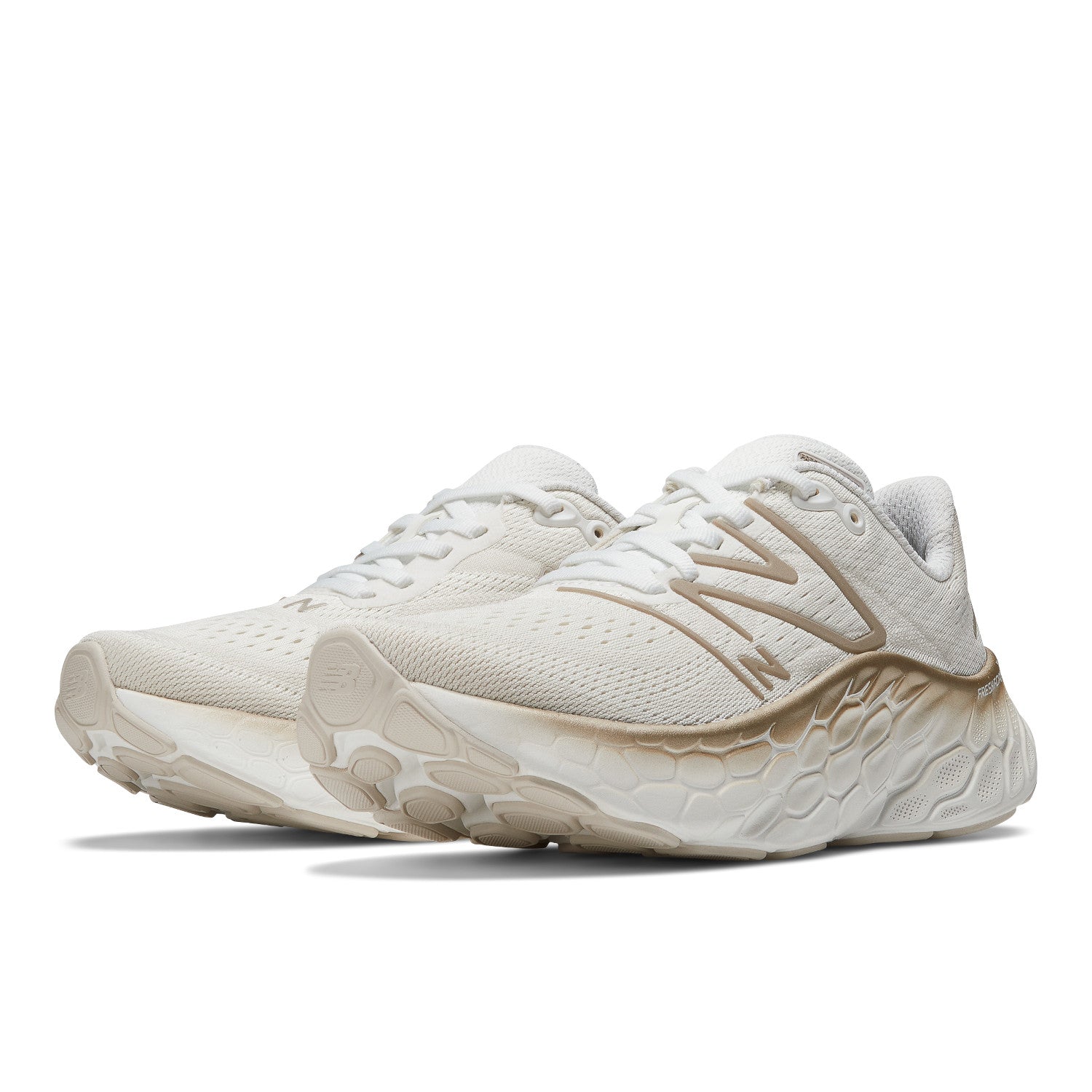 Women's Fresh Foam X More v4 Color: White with Gold Metallic and Moonbeam